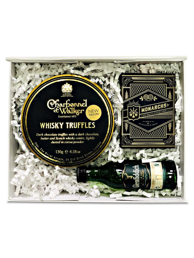 Whisky gift box with truffles, whisky and playing cards